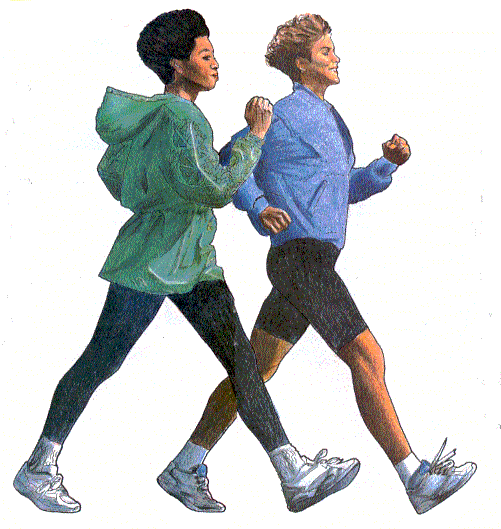two women briskly walking together