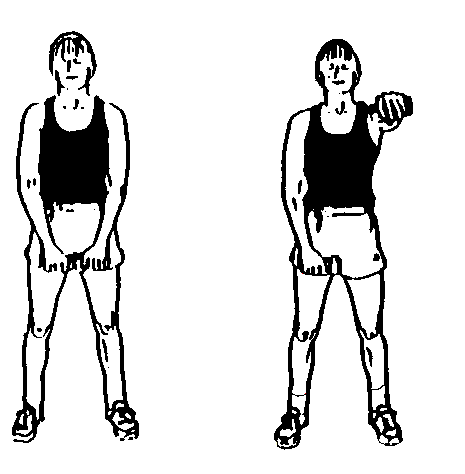 person lifting dumbbells out in front, alternating arms
